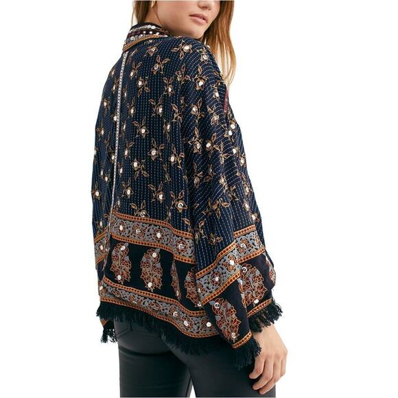Free People Womens Rays Of Light Embellished Fringe Hem Trim Floral Jacket Large - Picture 9 of 9